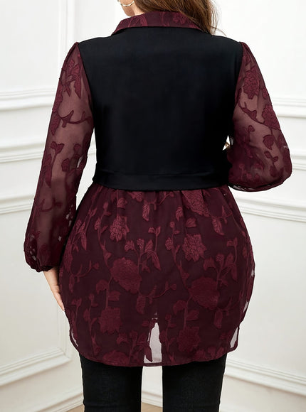jkthpu-45 Plus Size Women's Elegant Contrast Color Block Blouse