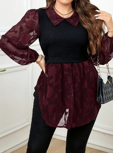 jkthpu-45 Plus Size Women's Elegant Contrast Color Block Blouse