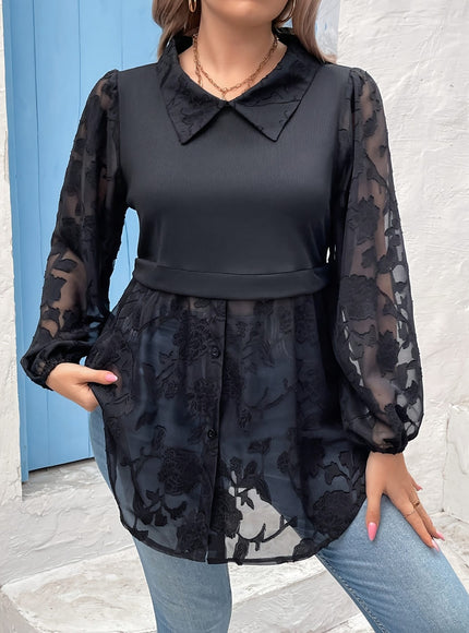 jkthpu-45 Plus Size Women's Elegant Contrast Color Block Blouse
