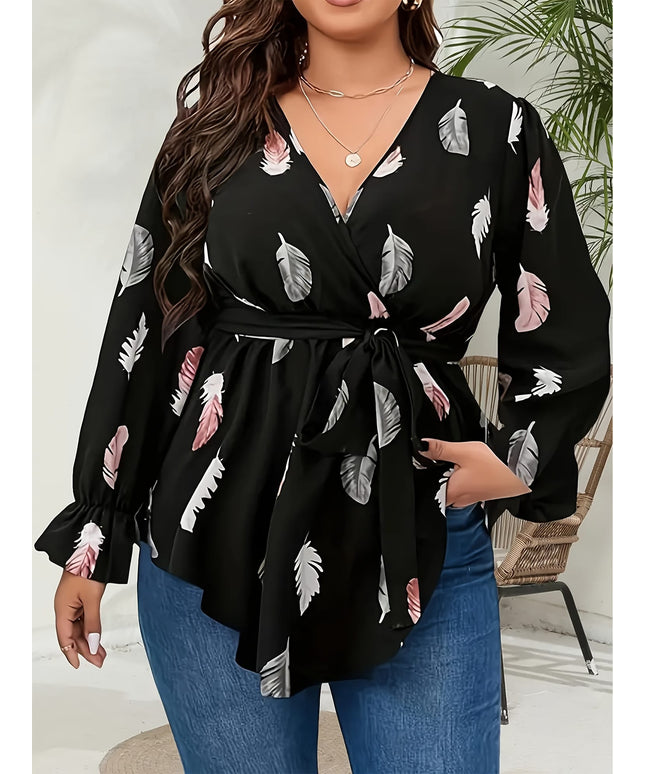 KissICON Plus Size Women's Elegant Criss Cross Neck Top - Floral Random Printing, Smooth Polyester Slight Stretch Woven Fabric (110g/m²) - All Season | Tie Front Design | Hand Wash or Dry Clean