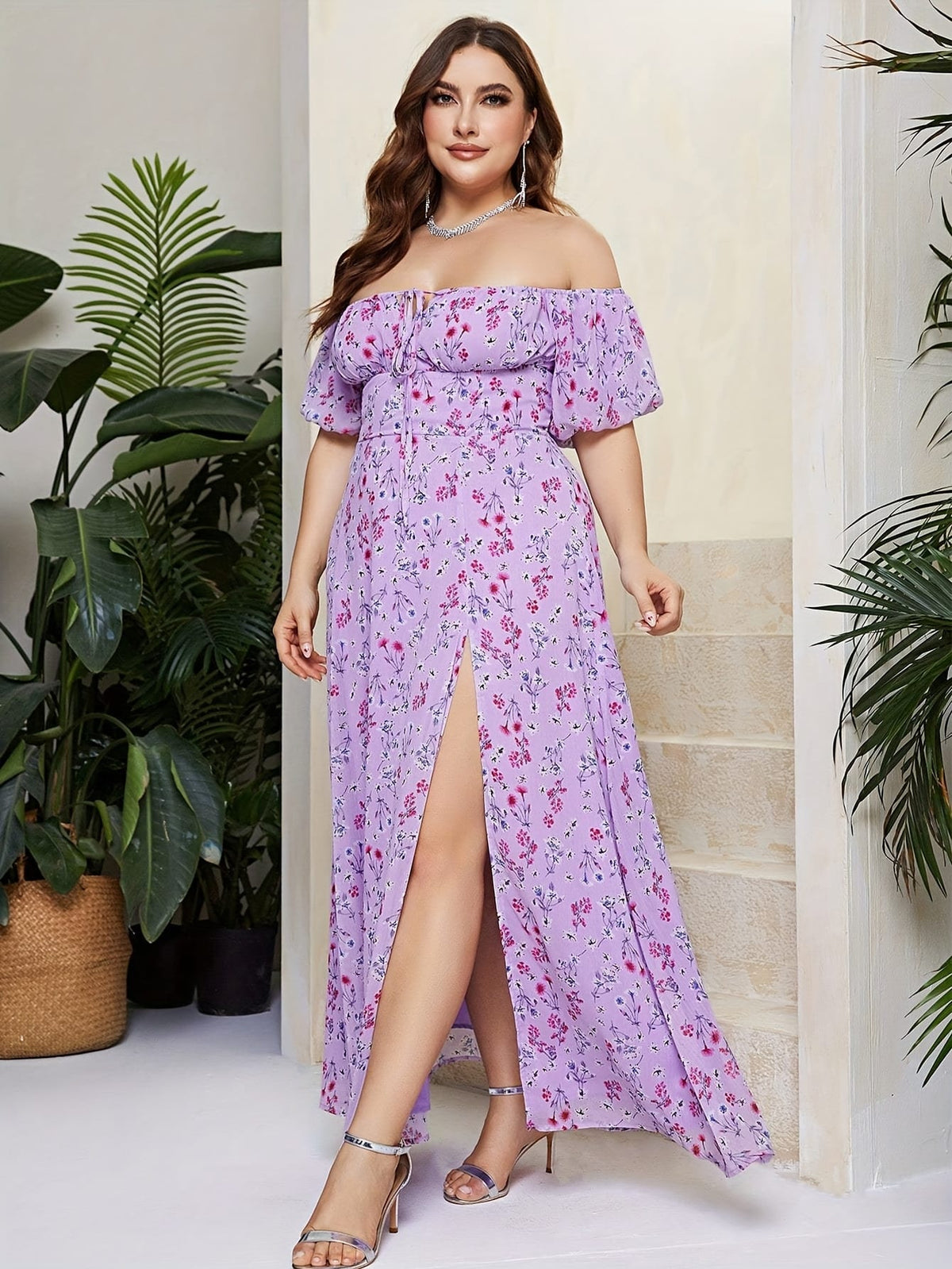 jkthpu-45 Plus Size, Women's Elegant Floral maxi dress - One-Shoulder/Spaghetti Strap, Non-Stretchy fabric flowy party & Formal Events - Purple Floral print on Lavender Background - All-Season Evening Gown for Women, Cute Dresses, Vacation Outfit, Stylish Construct