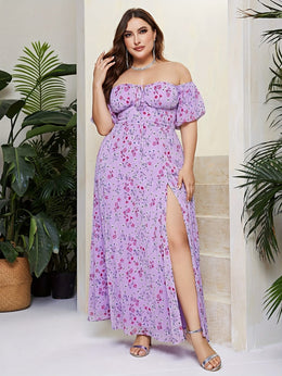 jkthpu-45 Plus Size, Women's Elegant Floral maxi dress - One-Shoulder/Spaghetti Strap, Non-Stretchy fabric flowy party & Formal Events - Purple Floral print on Lavender Background - All-Season Evening Gown for Women, Cute Dresses, Vacation Outfit, Stylish Construct
