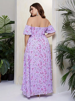 jkthpu-45 Plus Size, Women's Elegant Floral maxi dress - One-Shoulder/Spaghetti Strap, Non-Stretchy fabric flowy party & Formal Events - Purple Floral print on Lavender Background - All-Season Evening Gown for Women, Cute Dresses, Vacation Outfit, Stylish Construct