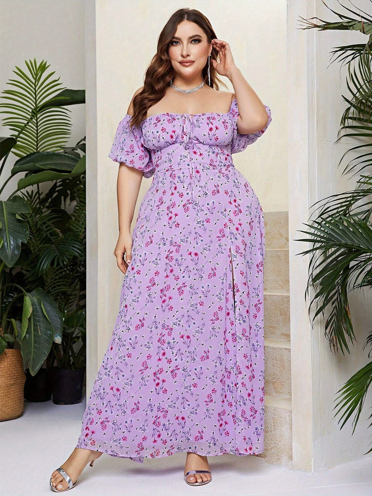 jkthpu-45 Plus Size, Women's Elegant Floral maxi dress - One-Shoulder/Spaghetti Strap, Non-Stretchy fabric flowy party & Formal Events - Purple Floral print on Lavender Background - All-Season Evening Gown for Women, Cute Dresses, Vacation Outfit, Stylish Construct