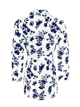 KissICON Plus Size - Women'S Elegant Floral Print Long Sleeve Button-Up Shirt with Tie-Waist Detail - Casual Chic Collared Top, White with Blue Flowers, Non-Stretch Fabric, Perfect for Spring & Fall, Ladies Blouses