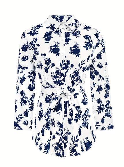 KissICON Plus Size - Women'S Elegant Floral Print Long Sleeve Button-Up Shirt with Tie-Waist Detail - Casual Chic Collared Top, White with Blue Flowers, Non-Stretch Fabric, Perfect for Spring & Fall, Ladies Blouses