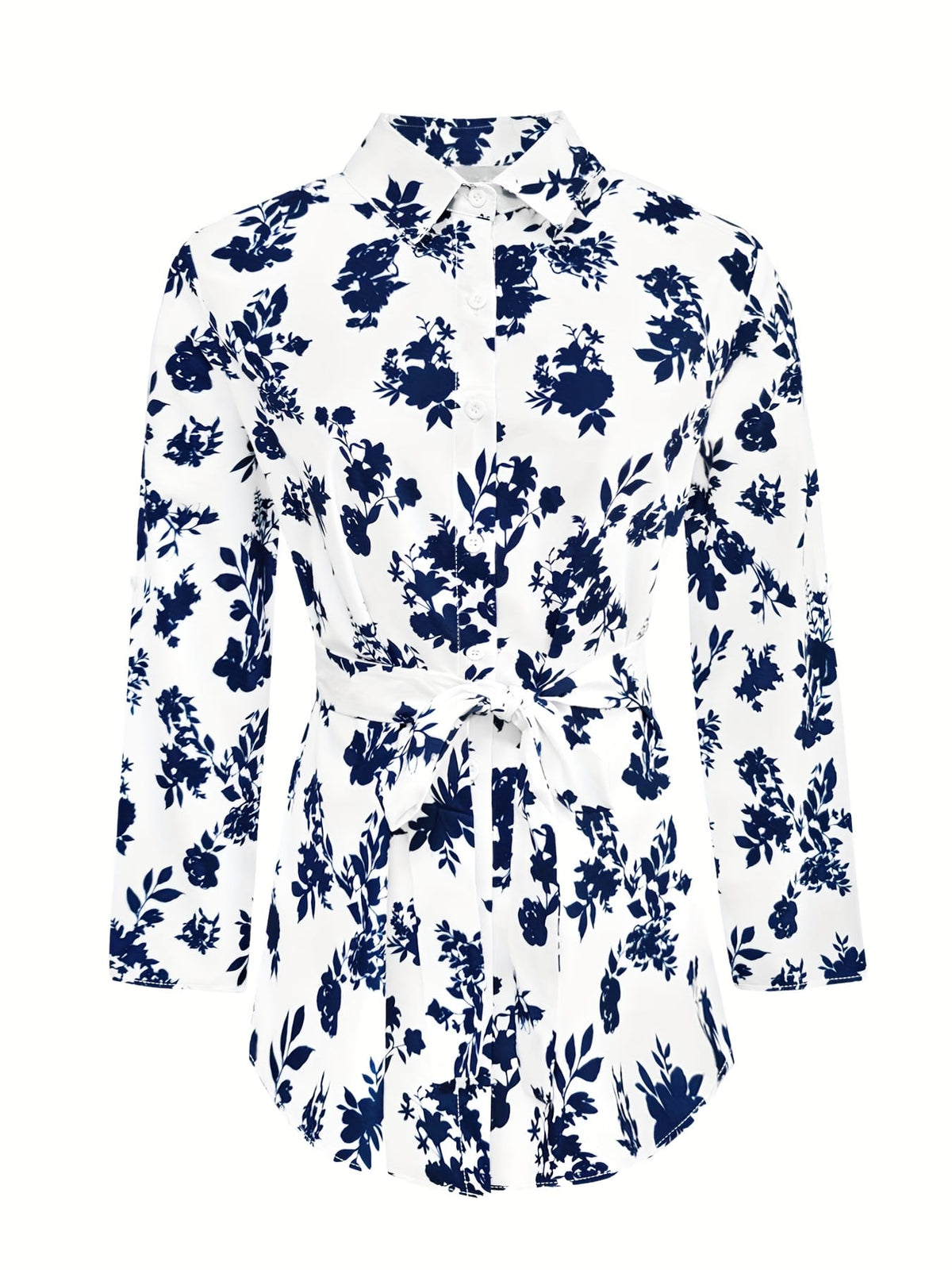 KissICON Plus Size - Women'S Elegant Floral Print Long Sleeve Button-Up Shirt with Tie-Waist Detail - Casual Chic Collared Top, White with Blue Flowers, Non-Stretch Fabric, Perfect for Spring & Fall, Ladies Blouses
