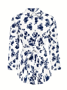 KissICON Plus Size - Women'S Elegant Floral Print Long Sleeve Button-Up Shirt with Tie-Waist Detail - Casual Chic Collared Top, White with Blue Flowers, Non-Stretch Fabric, Perfect for Spring & Fall, Ladies Blouses
