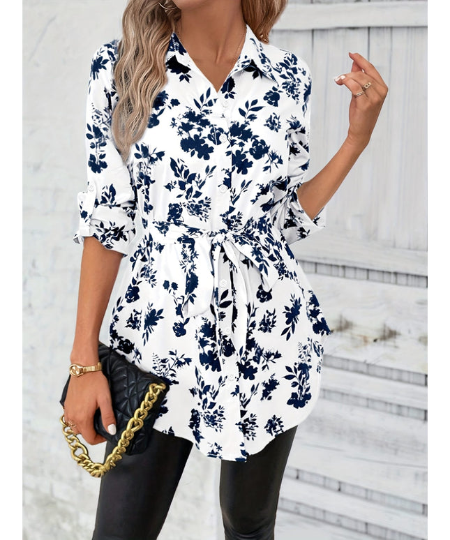 KissICON Plus Size - Women'S Elegant Floral Print Long Sleeve Button-Up Shirt with Tie-Waist Detail - Casual Chic Collared Top, White with Blue Flowers, Non-Stretch Fabric, Perfect for Spring & Fall, Ladies Blouses