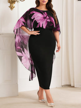 jkthpu-45 Plus Size Women's Elegant Floral Print & Solid Black Contrast Cape Sleeve Dress - Stretchy Round Neck Bodycon Midi Pencil Skirt, Machine Washable Spring/Summer Casual to Semi-Formal Wear, Nontransparent Fabric
