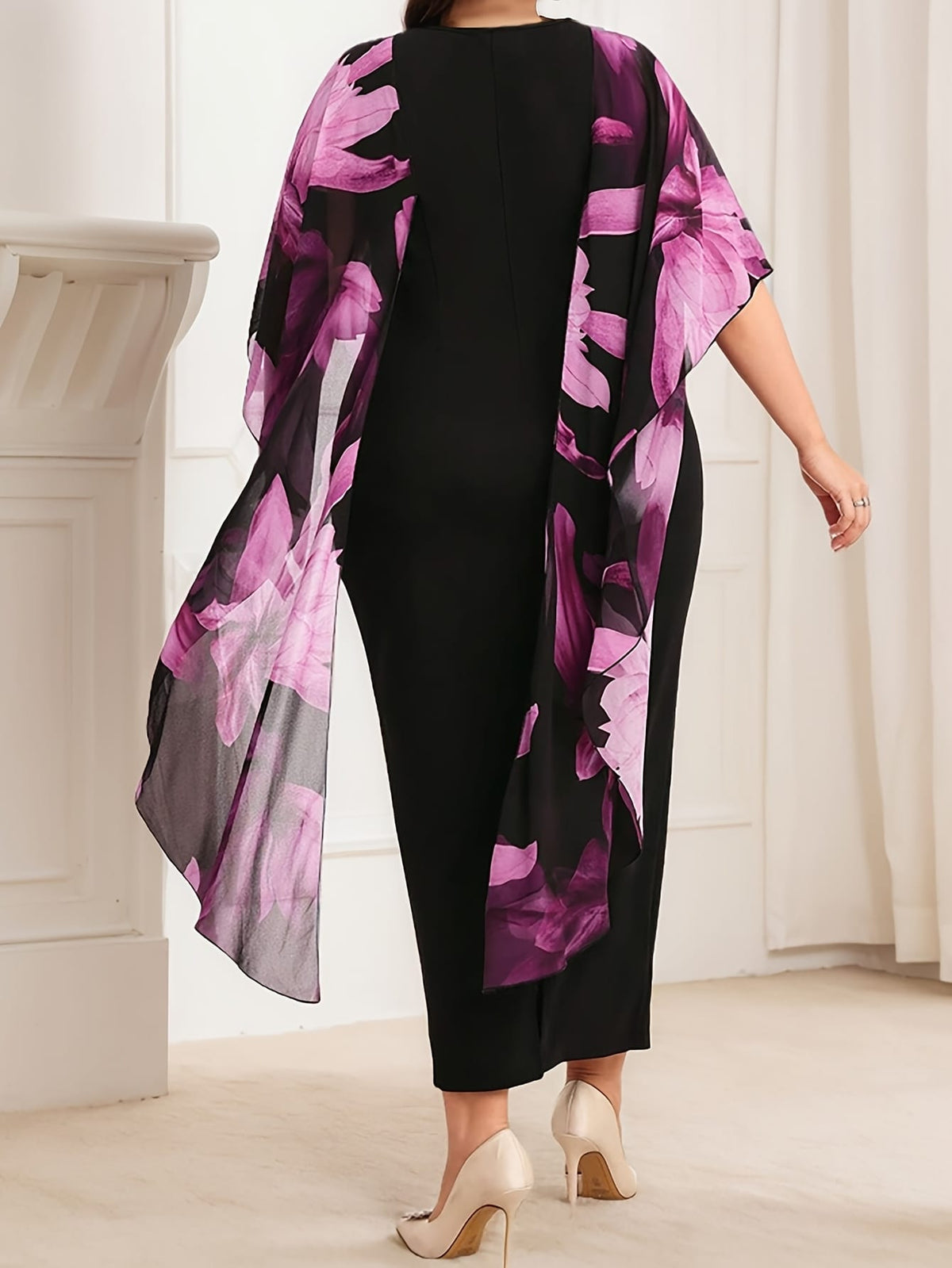 jkthpu-45 Plus Size Women's Elegant Floral Print & Solid Black Contrast Cape Sleeve Dress - Stretchy Round Neck Bodycon Midi Pencil Skirt, Machine Washable Spring/Summer Casual to Semi-Formal Wear, Nontransparent Fabric