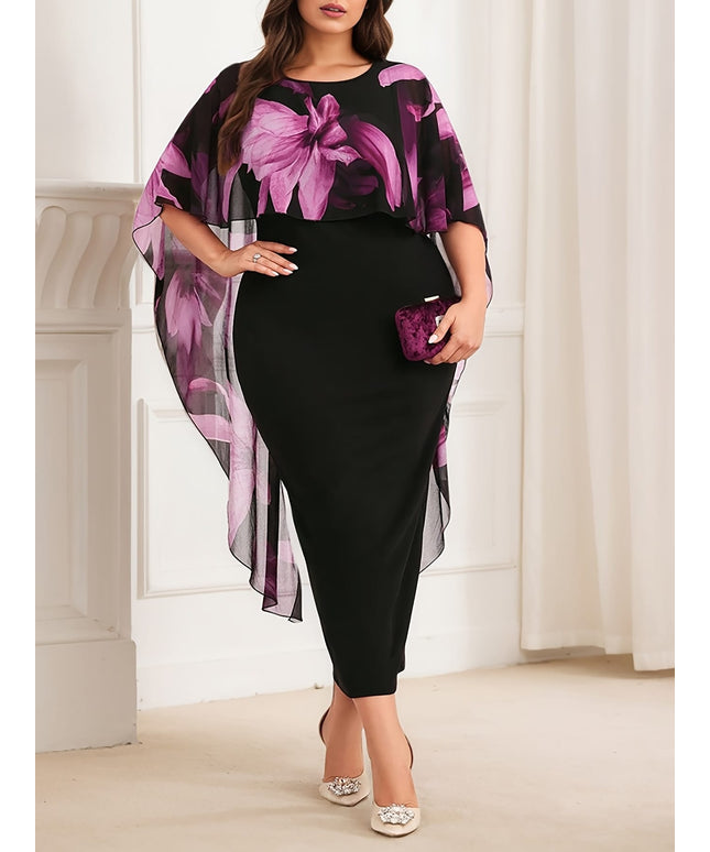 jkthpu-45 Plus Size Women's Elegant Floral Print & Solid Black Contrast Cape Sleeve Dress - Stretchy Round Neck Bodycon Midi Pencil Skirt, Machine Washable Spring/Summer Casual to Semi-Formal Wear, Nontransparent Fabric