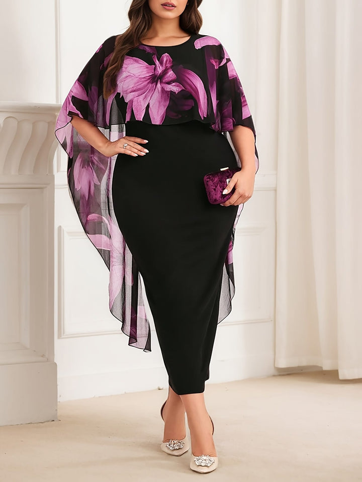 Plus Size Women's Elegant Floral Print & Solid Black Contrast Cape Sleeve Dress - Stretchy Round Neck Bodycon Midi Pencil Skirt, Machine Washable Spring/Summer Casual to Semi-Formal Wear, Nontransparent Fabric