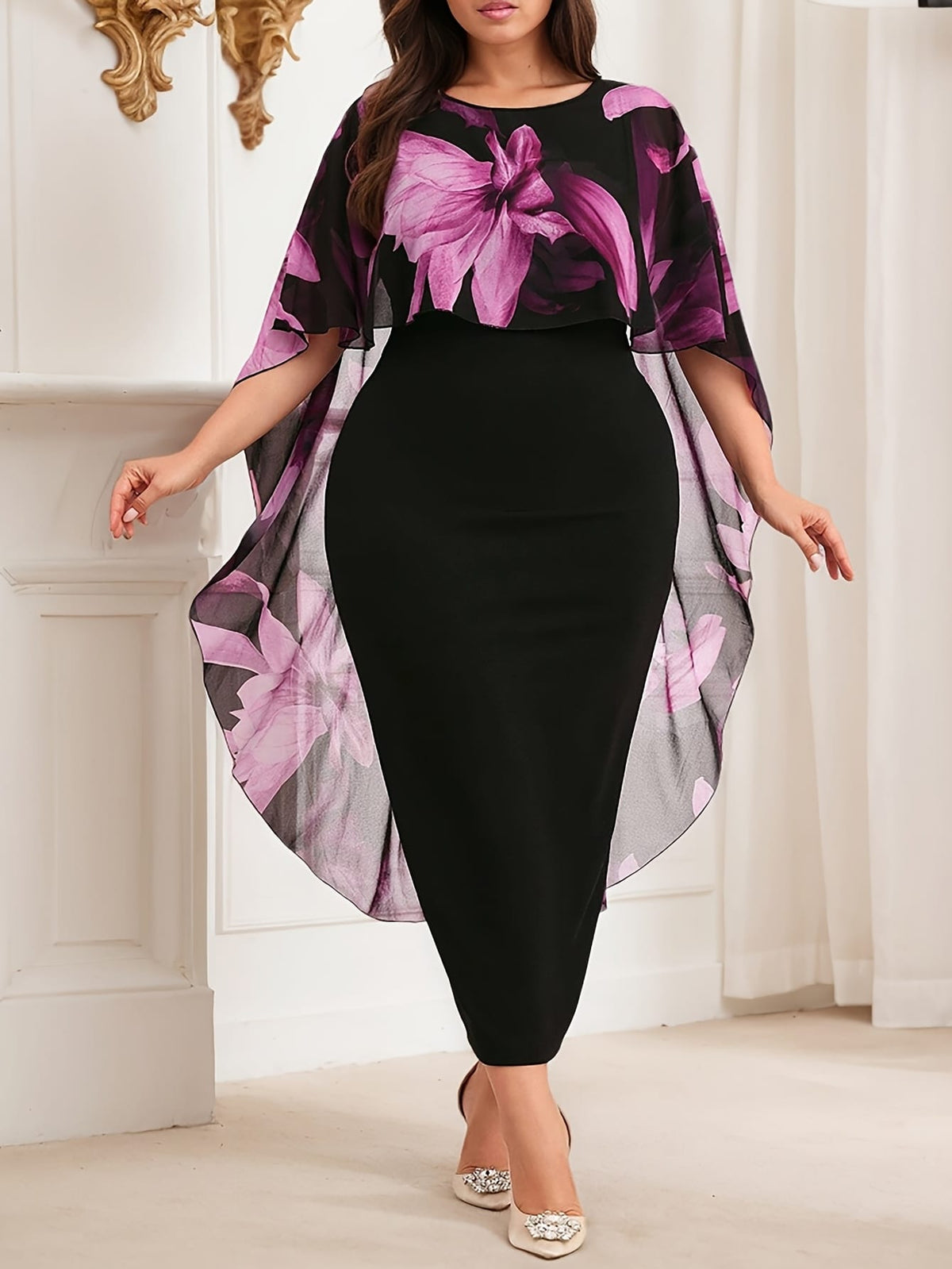 jkthpu-45 Plus Size Women's Elegant Floral Print & Solid Black Contrast Cape Sleeve Dress - Stretchy Round Neck Bodycon Midi Pencil Skirt, Machine Washable Spring/Summer Casual to Semi-Formal Wear, Nontransparent Fabric