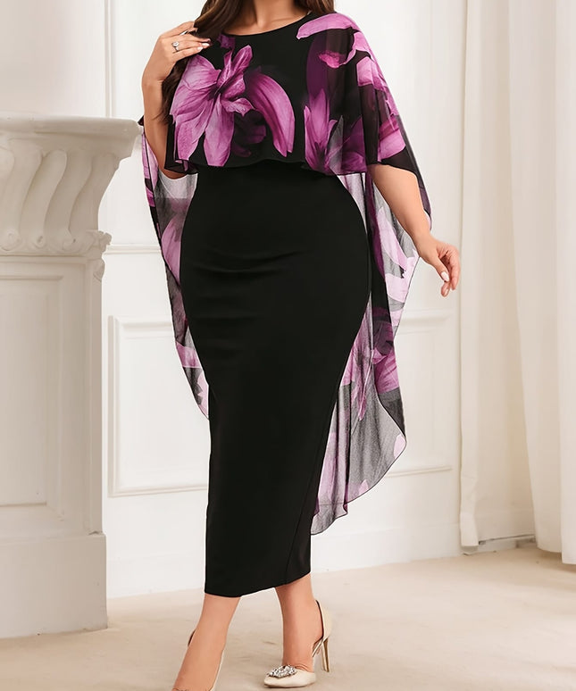 jkthpu-45 Plus Size Women's Elegant Floral Print & Solid Black Contrast Cape Sleeve Dress - Stretchy Round Neck Bodycon Midi Pencil Skirt, Machine Washable Spring/Summer Casual to Semi-Formal Wear, Nontransparent Fabric