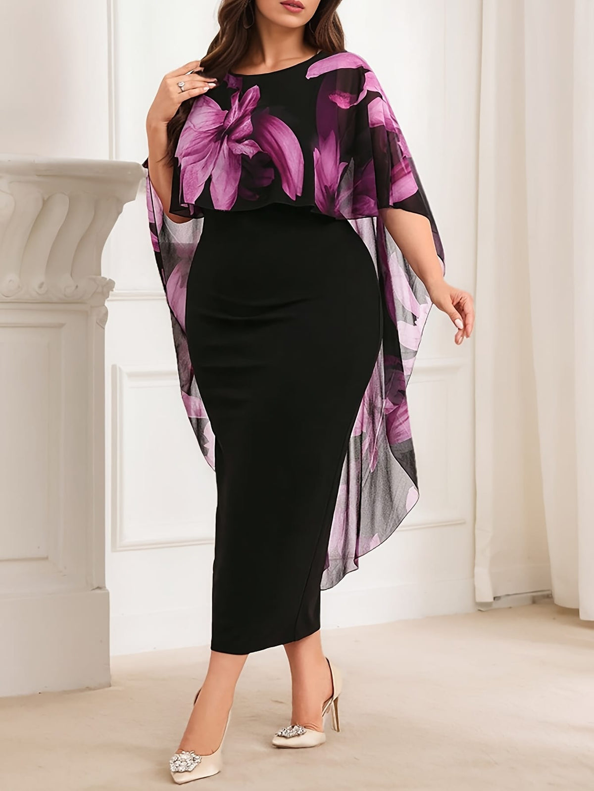 jkthpu-45 Plus Size Women's Elegant Floral Print & Solid Black Contrast Cape Sleeve Dress - Stretchy Round Neck Bodycon Midi Pencil Skirt, Machine Washable Spring/Summer Casual to Semi-Formal Wear, Nontransparent Fabric