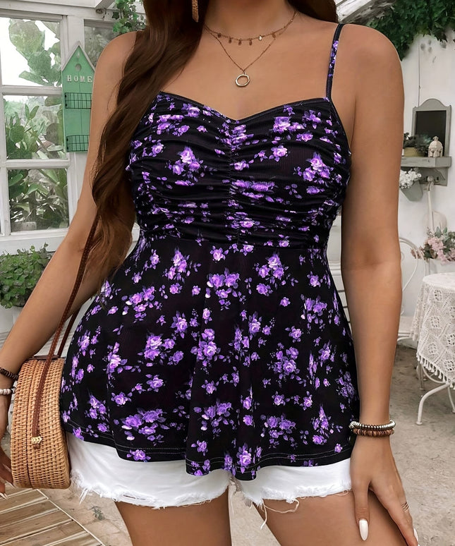 KissICON Plus Size Women's Elegant Floral Print Spaghetti Strap