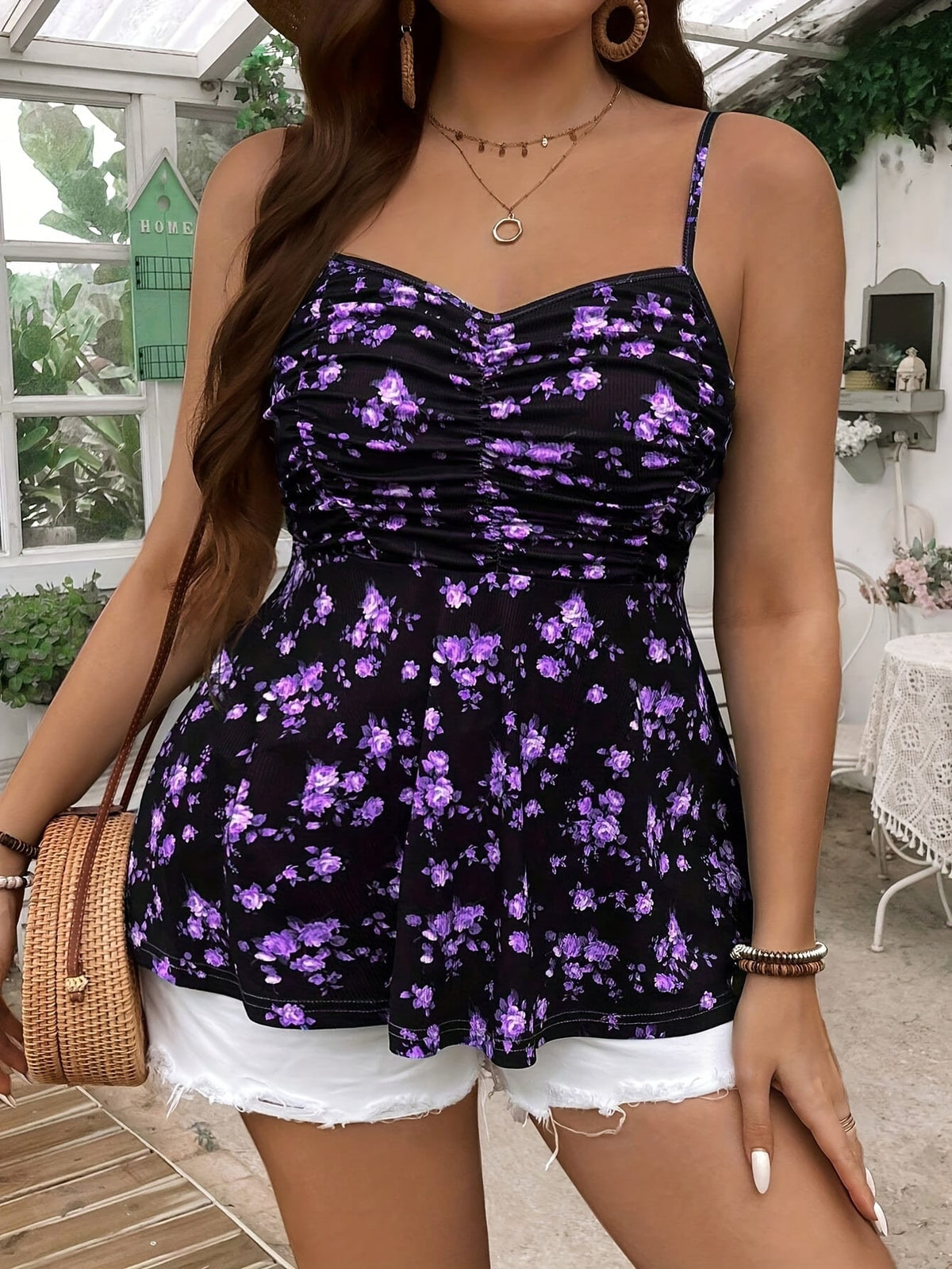 KissICON Plus Size Women's Elegant Floral Print Spaghetti Strap