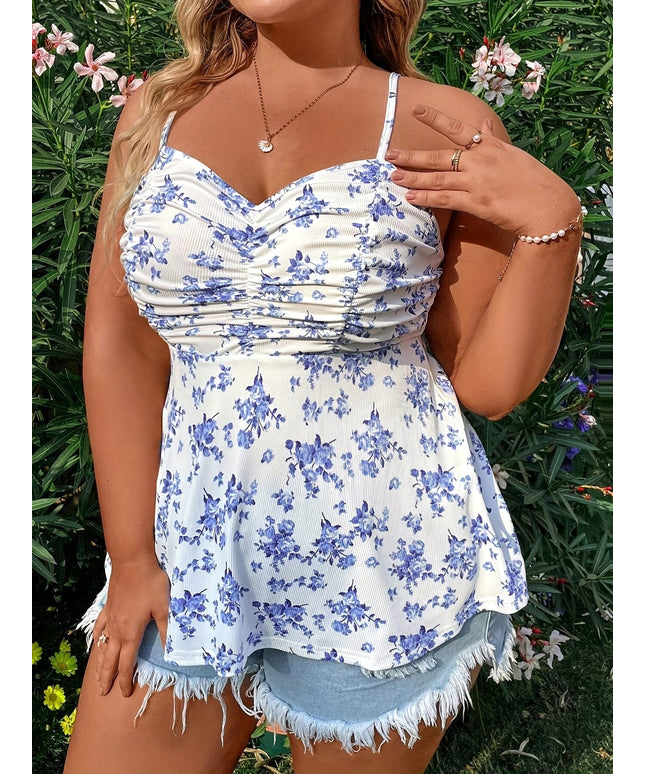 KissICON Plus Size Women's Elegant Floral Print Spaghetti Strap