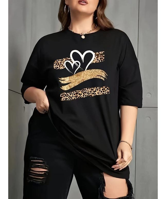 KissICON Plus Size Women's Elegant Geometric Heart & Leopard Print T-Shirt - Stretchy Round Neck Casual Top for Spring Summer Fall, Machine Washable, Seasonal Fashion, Quality Applique Details