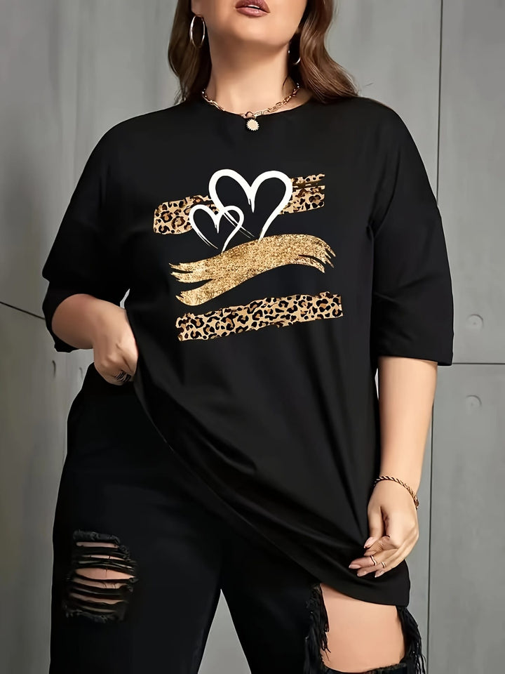 Plus Size Women's Elegant Geometric Heart & Leopard Print T-Shirt - Stretchy Round Neck Casual Top for Spring Summer Fall, Machine Washable, Seasonal Fashion, Quality Applique Details
