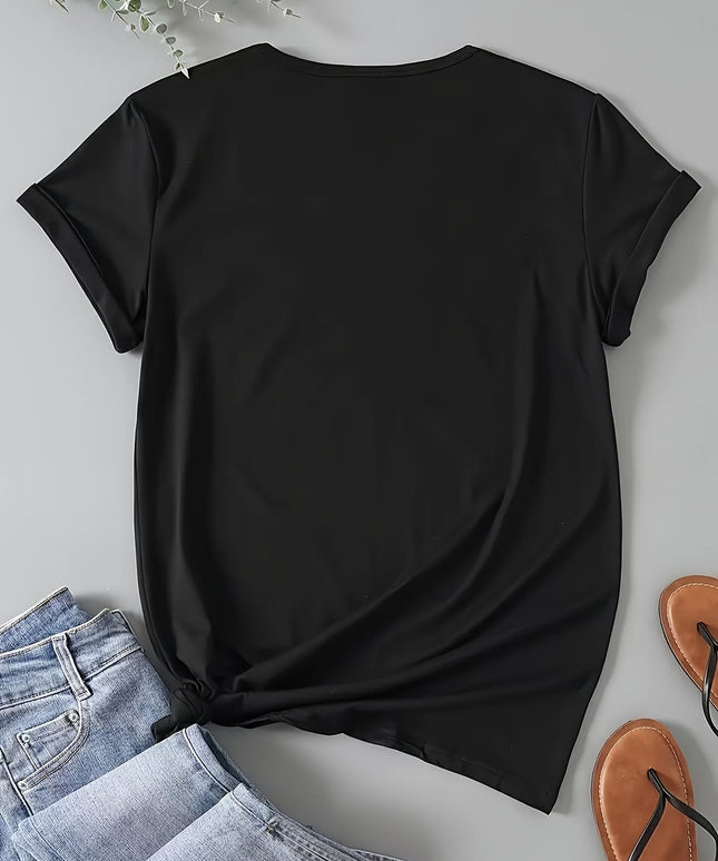KissICON Plus Size Women's Elegant Geometric Heart & Leopard Print T-Shirt - Stretchy Round Neck Casual Top for Spring Summer Fall, Machine Washable, Seasonal Fashion, Quality Applique Details