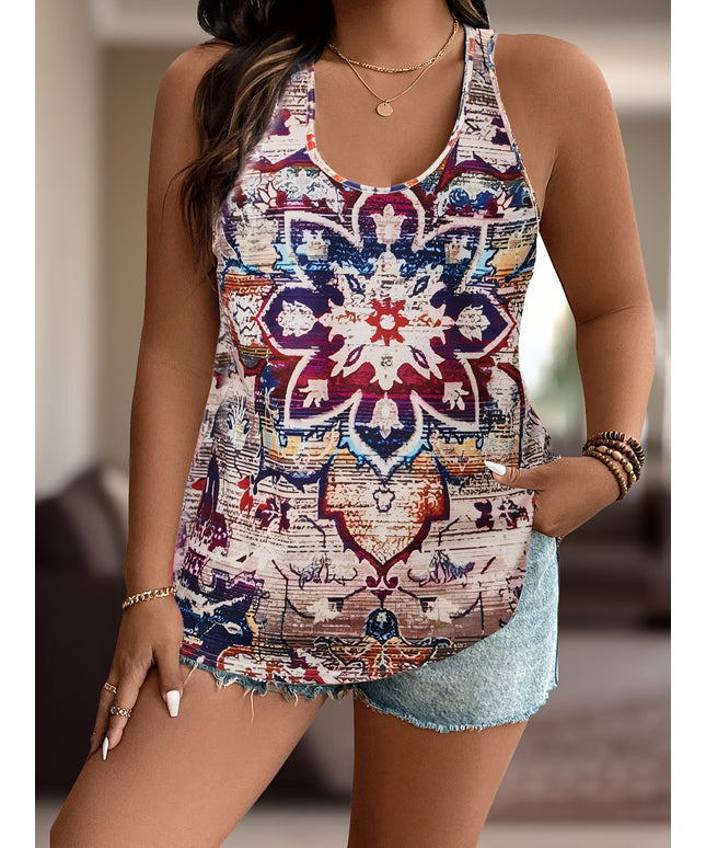 jkthpu-45 Plus Size Women's Elegant Geometric Print Tank Top