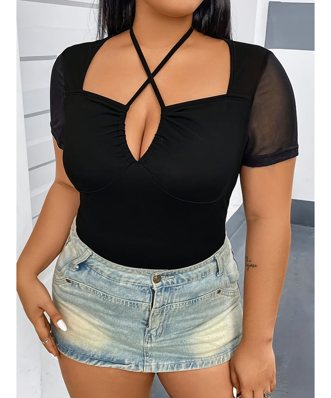 jkthpu-45 Plus Size, Women's Elegant Halter Neck Cropped Top with Mesh Panel & Patchwork Design - Adjustable Drawstring Straps, Semi-Sheer Summer Shirt, Machine Washable, Warm Weather Outfit, Chic Style, Stretchy Material, Fashion Lovers, Casual Wear, Lightweight M