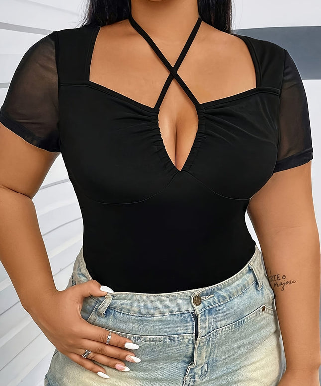 jkthpu-45 Plus Size, Women's Elegant Halter Neck Cropped Top with Mesh Panel & Patchwork Design - Adjustable Drawstring Straps, Semi-Sheer Summer Shirt, Machine Washable, Warm Weather Outfit, Chic Style, Stretchy Material, Fashion Lovers, Casual Wear, Lightweight M