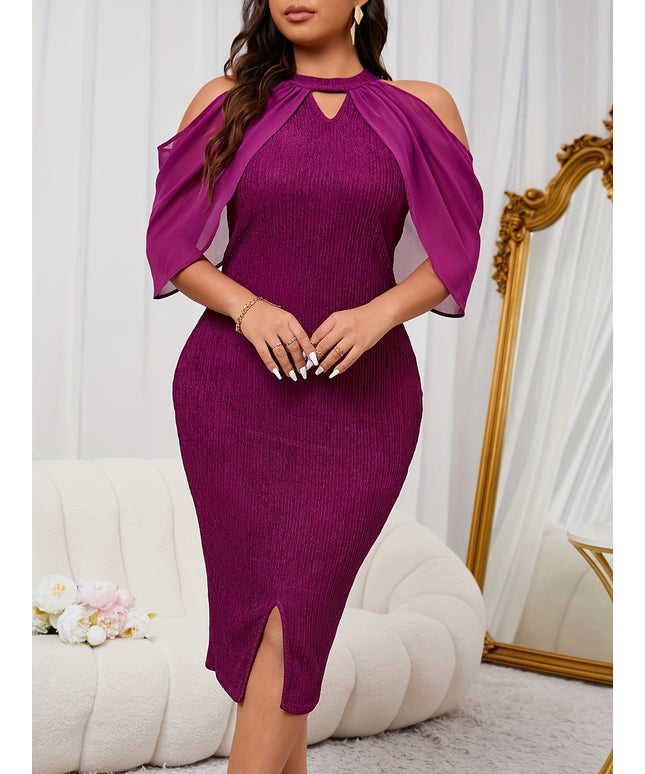 jkthpu-45 Plus Size Women's Elegant Halter Neck Drop Shoulder Puff Sleeve Dress with Keyhole Neckline, Side Slit & Waistband - Stretchy Bodycon Midi Dress for Spring Summer Fall, Machine Washable Solid Color, Seasonal Fashion, Formal Attire, Stretchy Fabric, Comfor