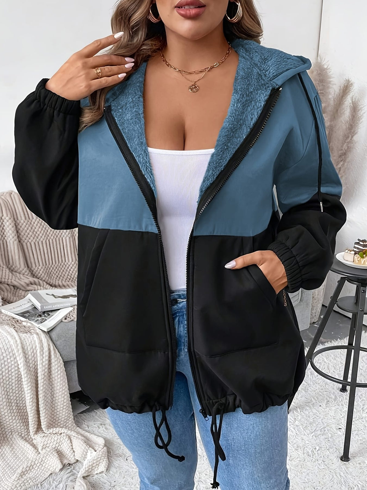 jkthpu-45 Plus Size - Women'S Elegant Hooded Zipper Jacket