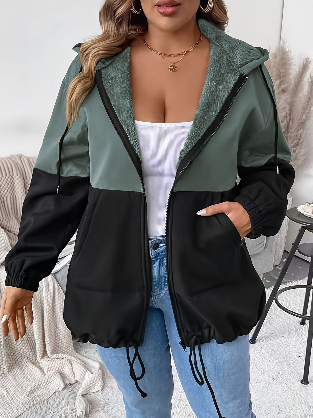 jkthpu-45 Plus Size - Women'S Elegant Hooded Zipper Jacket
