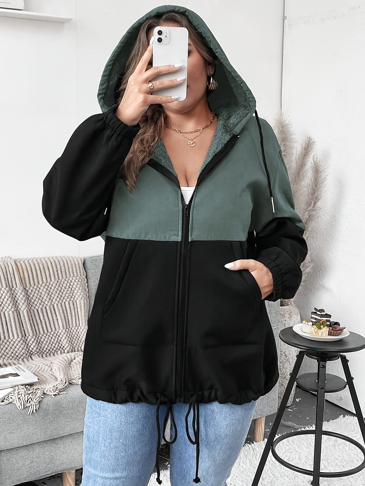 jkthpu-45 Plus Size - Women'S Elegant Hooded Zipper Jacket