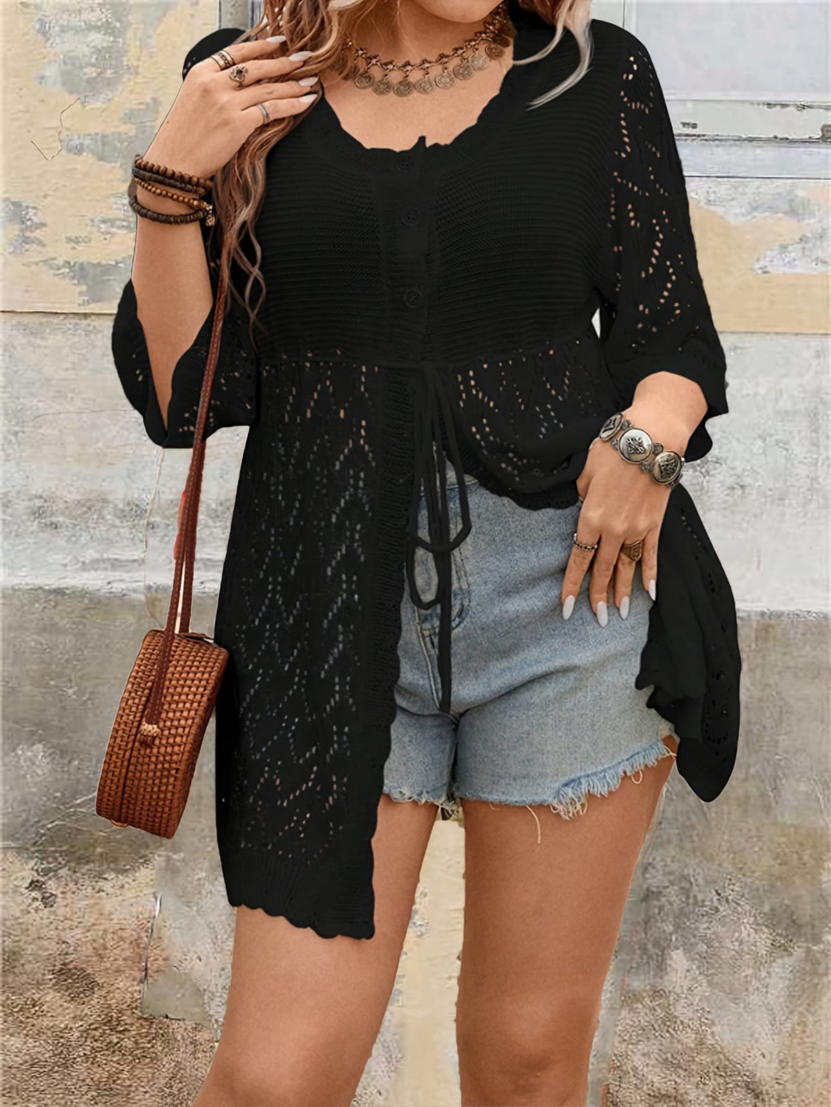 jkthpu-45 Plus Size Women'S Elegant Lace-Trimmed Casual Cardigan -