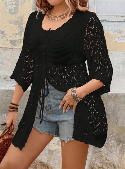 jkthpu-45 Plus Size Women'S Elegant Lace-Trimmed Casual Cardigan -