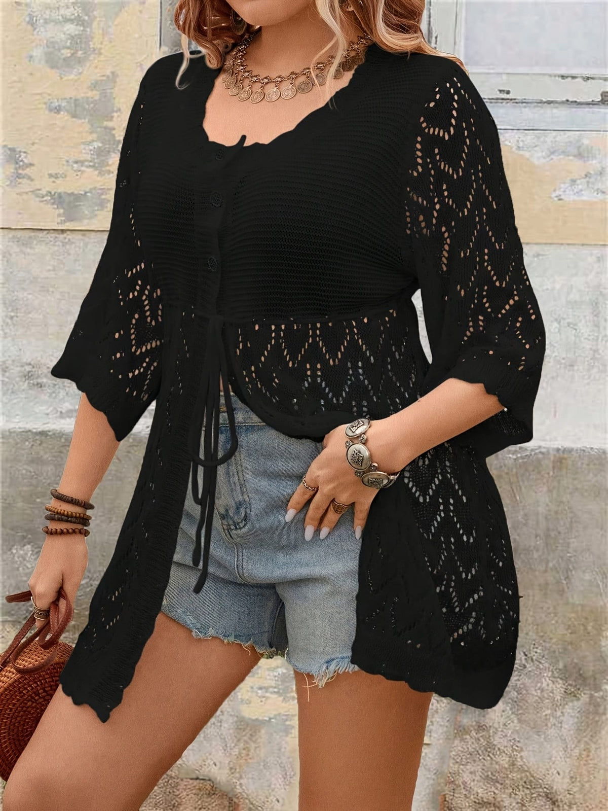 jkthpu-45 Plus Size Women'S Elegant Lace-Trimmed Casual Cardigan -