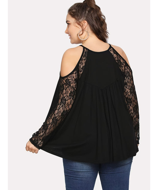 jkthpu-45 Plus Size Women's Elegant Lace-Trimmed Loose Fit Blouse - Long Sleeve Round Neck Solid Color Black Shirt, Machine Washable All-Season Casual & Formal Tops, Nontransparent Fabric