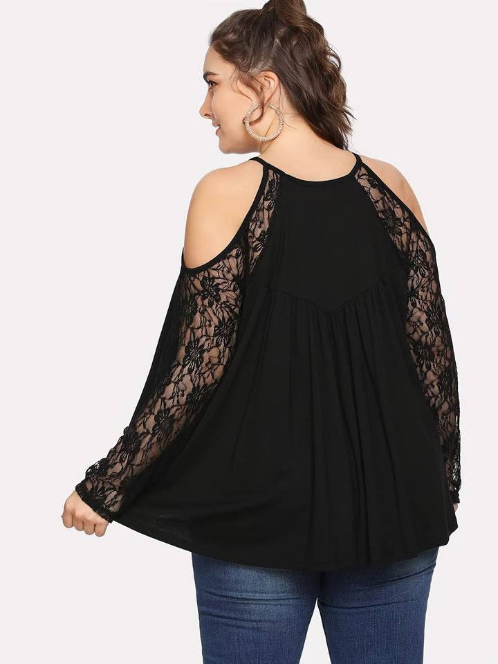 Plus Size Women's Elegant Lace-Trimmed Loose Fit Blouse - Long Sleeve Round Neck Solid Color Black Shirt, Machine Washable All-Season Casual & Formal Tops, Nontransparent Fabric