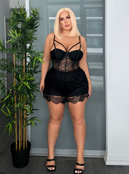 jkthpu-45 Plus Size Women's Elegant Lace-Trimmed Square Neck Jumpsuit