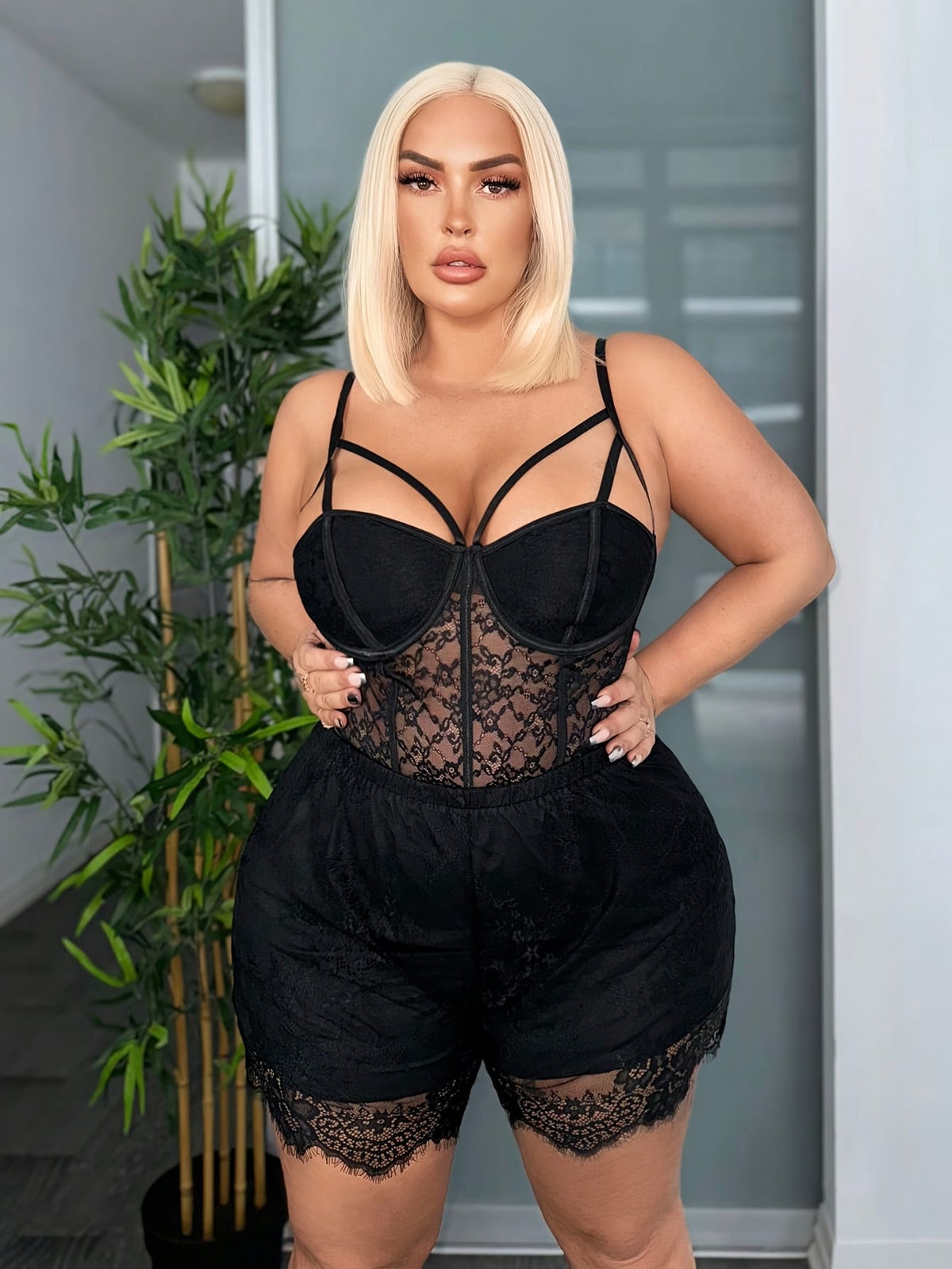 jkthpu-45 Plus Size Women's Elegant Lace-Trimmed Square Neck Jumpsuit