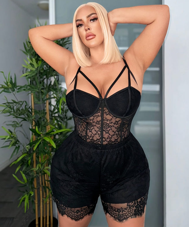 jkthpu-45 Plus Size Women's Elegant Lace-Trimmed Square Neck Jumpsuit
