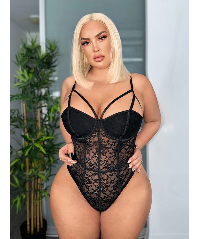 jkthpu-45 Plus Size Women's Elegant Lace-Trimmed Square Neck Jumpsuit