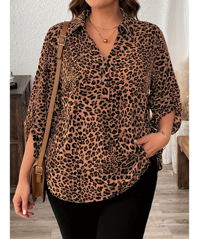 KissICON Plus Size - Women'S Elegant Leopard Print Long Sleeve Blouse - Lightweight, Button-Up Shirt with Lapel Collar, Non-Stretch Fabric, Perfect for All Seasons, Casual to Formal Wear, Casual Chic Wear | Elegant Casualwear | Nonstr
