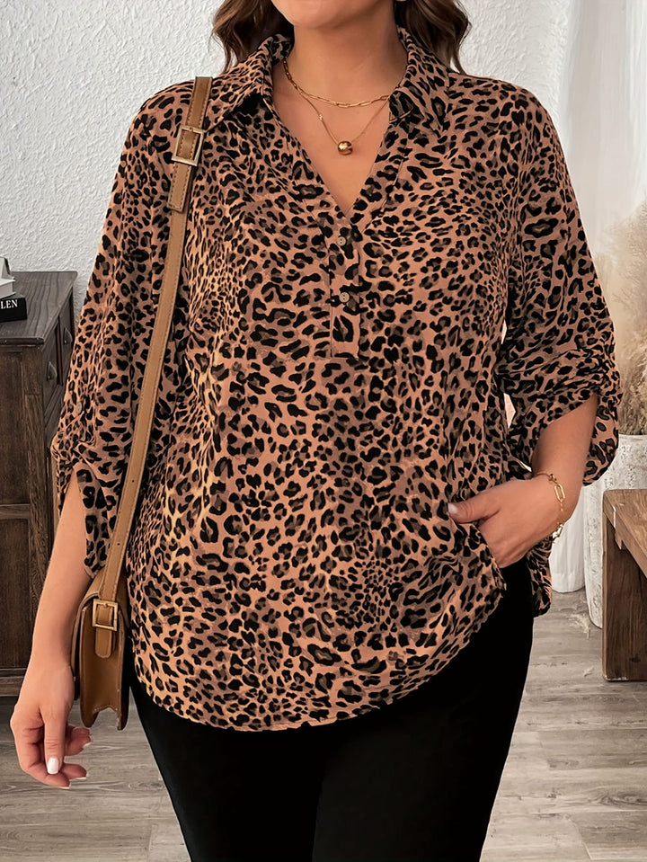 Plus Size - Women'S Elegant Leopard Print Long Sleeve Blouse - Lightweight, Button-Up Shirt with Lapel Collar, Non-Stretch Fabric, Perfect for All Seasons, Casual to Formal Wear, Casual Chic Wear | Elegant Casualwear | Nonstr