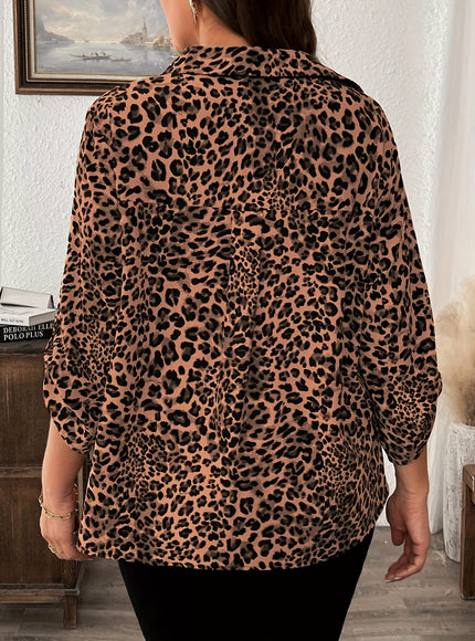 KissICON Plus Size - Women'S Elegant Leopard Print Long Sleeve Blouse - Lightweight, Button-Up Shirt with Lapel Collar, Non-Stretch Fabric, Perfect for All Seasons, Casual to Formal Wear, Casual Chic Wear | Elegant Casualwear | Nonstr