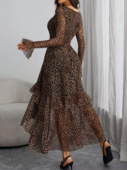 jkthpu-45 Plus Size, Women's Elegant Leopard Print Maxi Dress with Puff Sleeve & Split Hem - Square Neck Long Formal Party Evening Gown, H-Line Silhouette, Machine Washable Floor-Length Dress for Women in Brown/Black/Beige Tones, Ruffled Lace Detailing, Flowing Puf