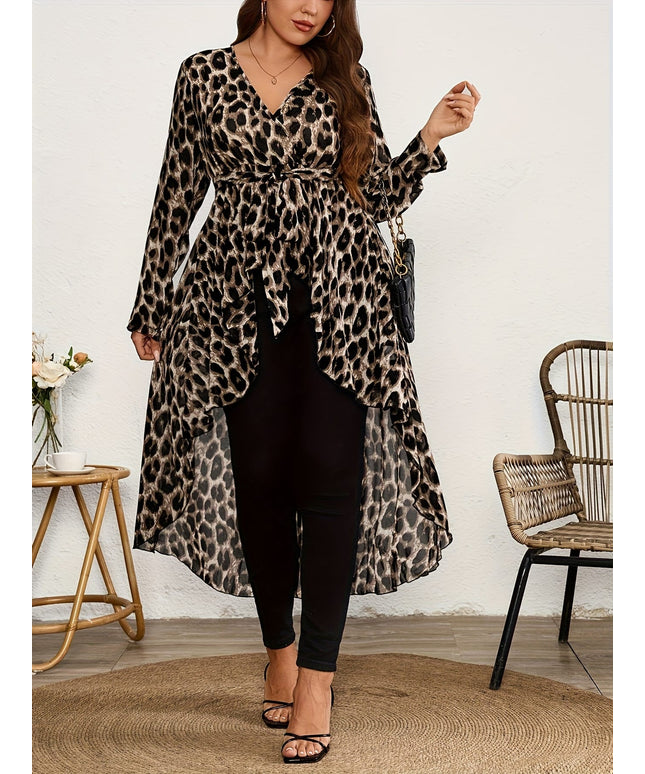 KissICON Plus Size Women's Elegant Leopard Print V-Neck Long Sleeve Blouse - Front Short Back Long Length, Semi-Sheer Lightweight Chiffon Top for Spring/Summer, Machine Washable, Chic Chiffon Blouse, Summer Fashion, Vneck Design, Leop