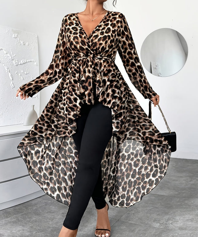 KissICON Plus Size Women's Elegant Leopard Print V-Neck Long Sleeve Blouse - Front Short Back Long Length, Semi-Sheer Lightweight Chiffon Top for Spring/Summer, Machine Washable, Chic Chiffon Blouse, Summer Fashion, Vneck Design, Leop