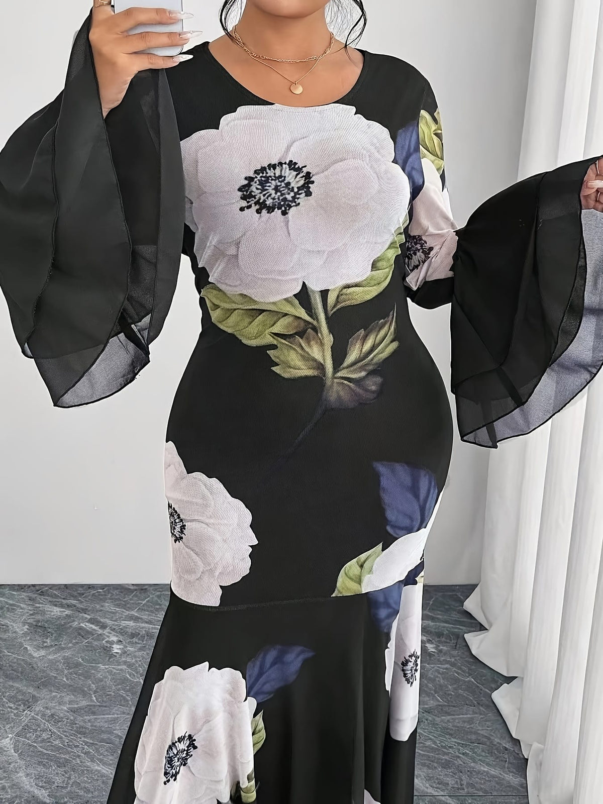 jkthpu-45 Plus Size - Women'S Elegant Long Sleeve Round Neck Dress - Stretchy Polyester-Spandex Blend, Fitted Silhouette with Floral Print & Mesh Panel Detail, All-Season Versatile Black Dress for Casual to Formal Occasions, Long Sleeve Dresses, Evening Wear, Sophi