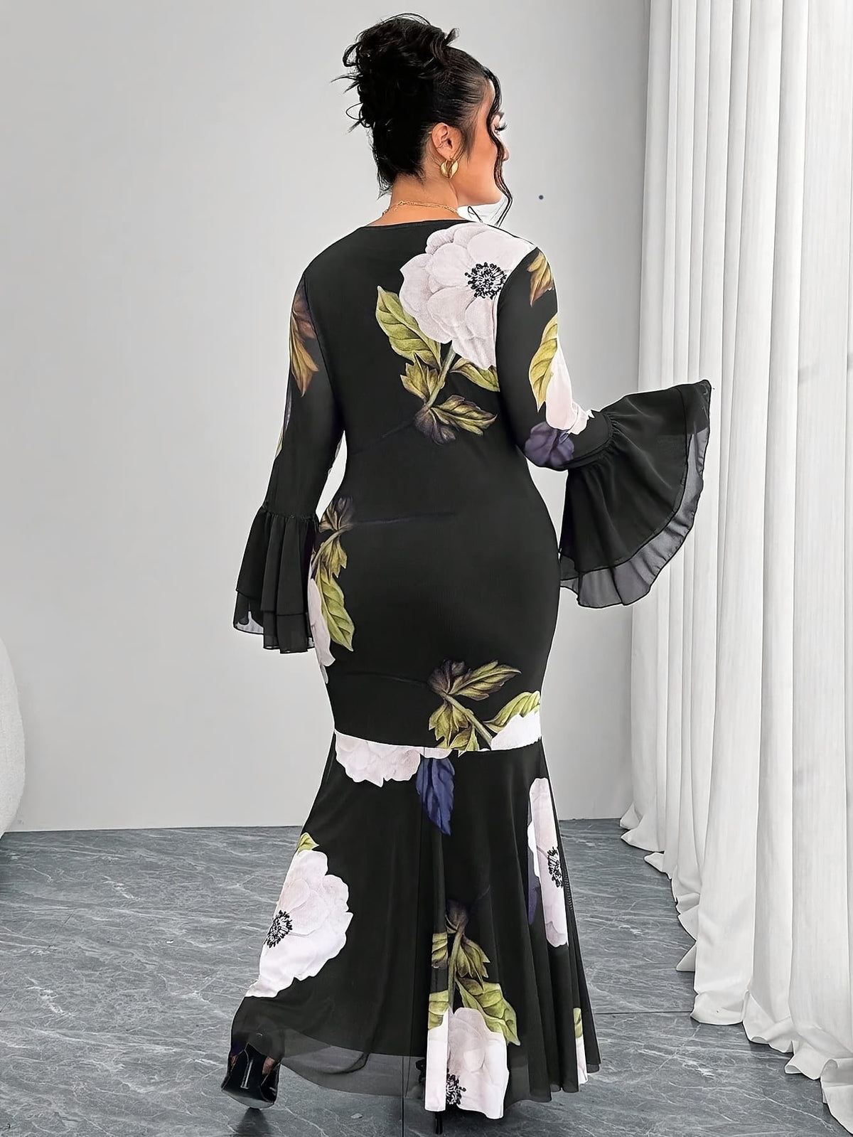 jkthpu-45 Plus Size - Women'S Elegant Long Sleeve Round Neck Dress - Stretchy Polyester-Spandex Blend, Fitted Silhouette with Floral Print & Mesh Panel Detail, All-Season Versatile Black Dress for Casual to Formal Occasions, Long Sleeve Dresses, Evening Wear, Sophi